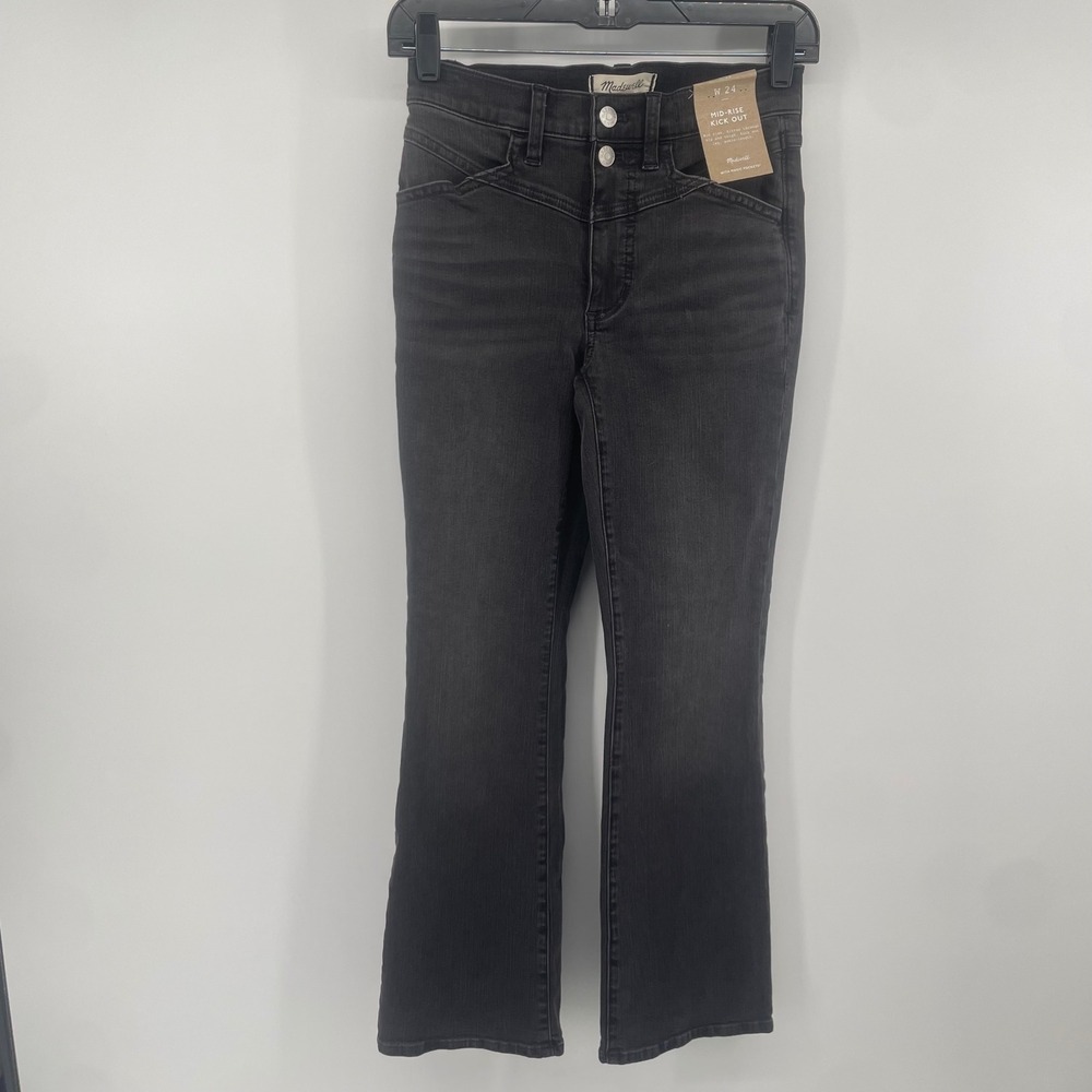 Madewell Mid-Rise Kick Out Jeans Womens 24 Black Ankle Flare Magic Pockets NWT
